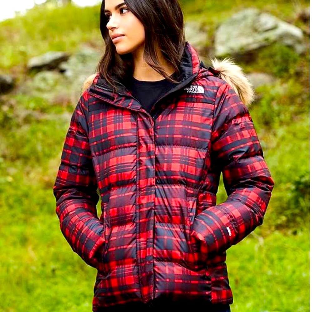 The north face TNF Gotham red plaid puffer jacket. XS NWT